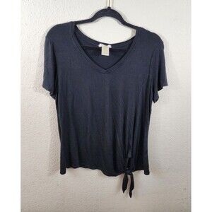 Matty M Womens M Black V-Neck Tie Hem Stretch Short Sleeve Blouse